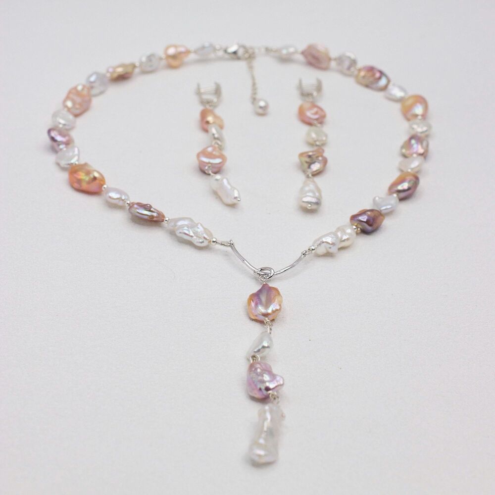 Natural Rainbow Color Keshi Pearl Sterling Silver Necklace Earrings Set